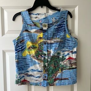 Vintage Hawaiian Sleeveless Top with Button Front, Tropical Print, Size Medium
